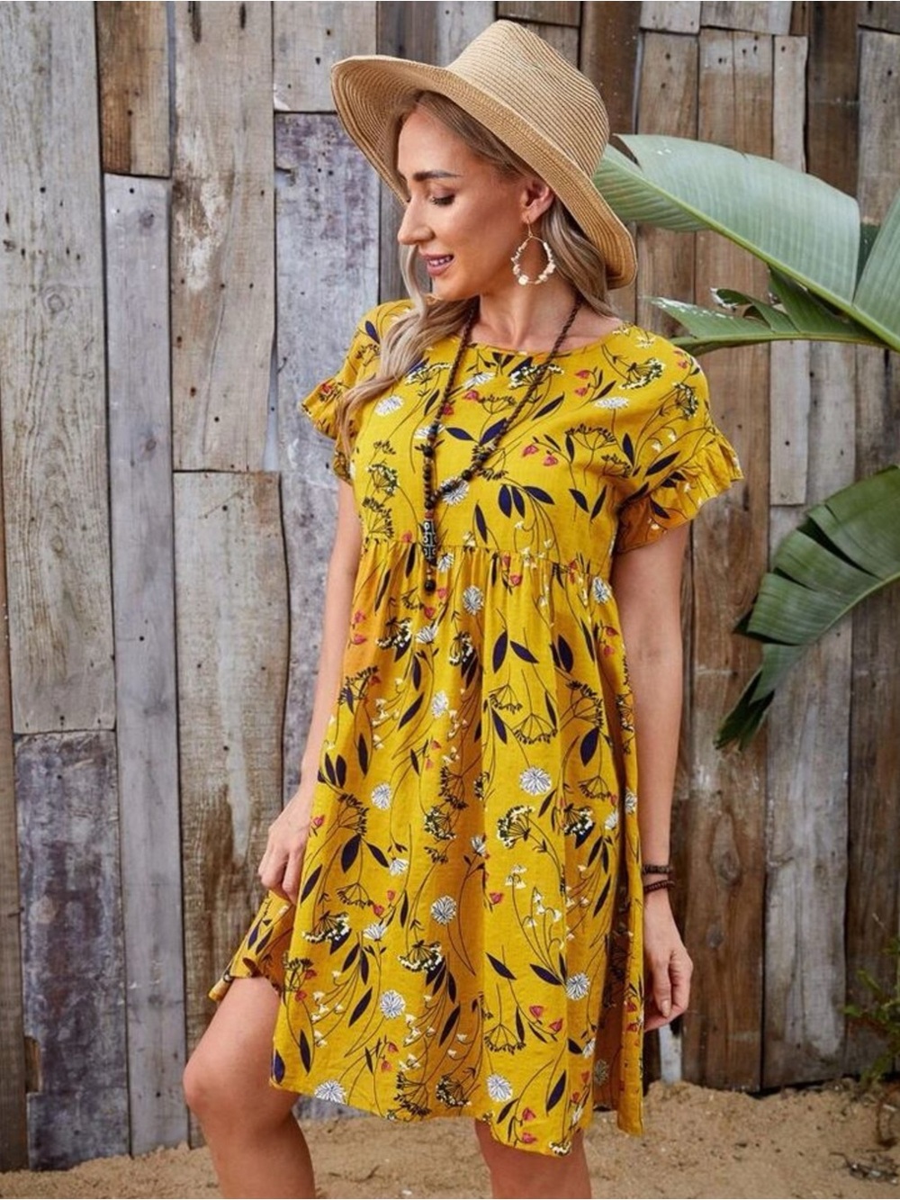 Emery Rose Yellow Floral Ruffle Short Sleeve Babydoll Dress Womens Size Medium - Picture 2 of 13